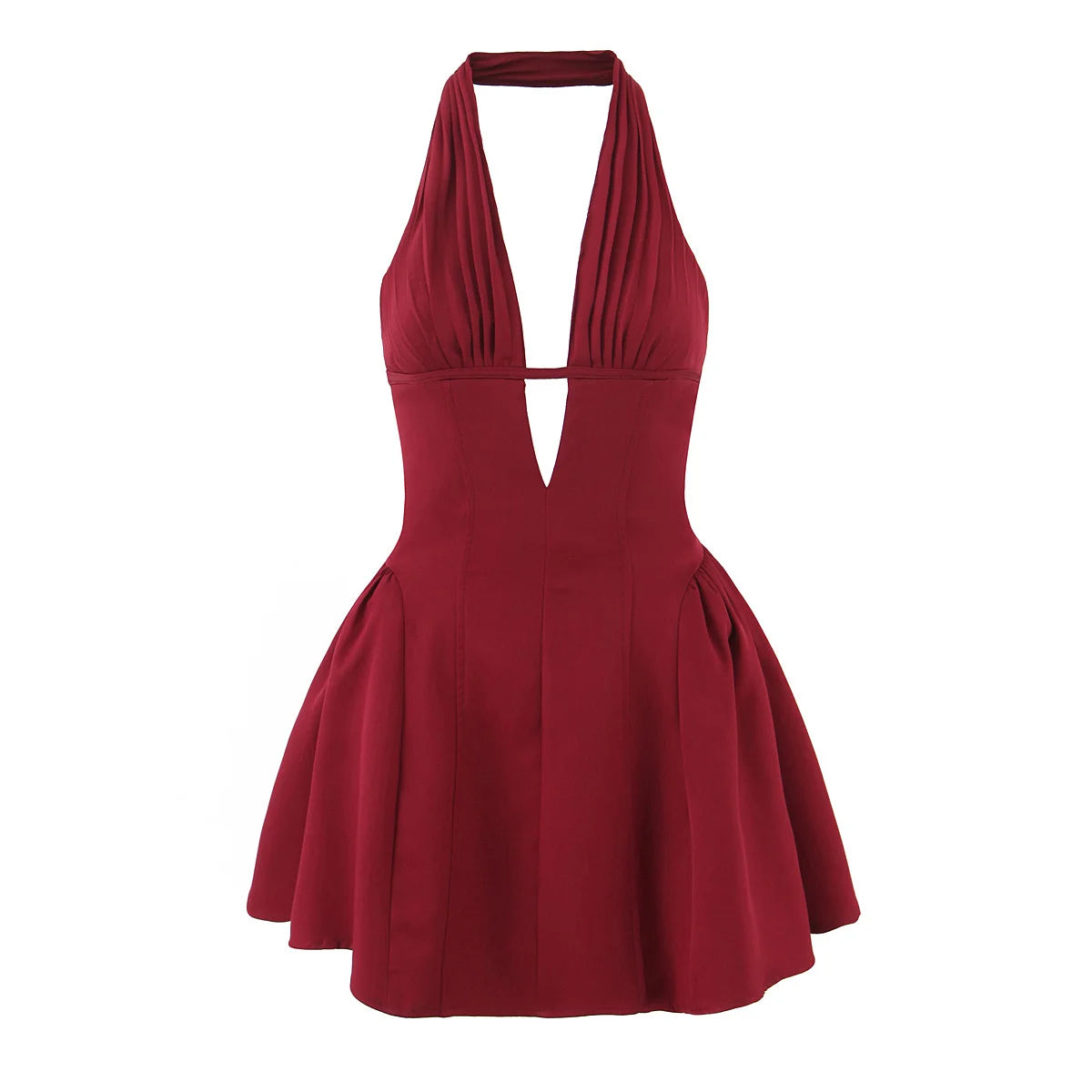 Red Color Retro Polka Dot Halter Mini Dress With Open Back