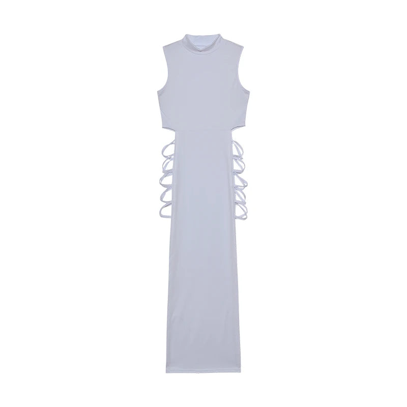 WHITE Color Women’s Solid Knit Maxi Dress With Lace-Up Detail