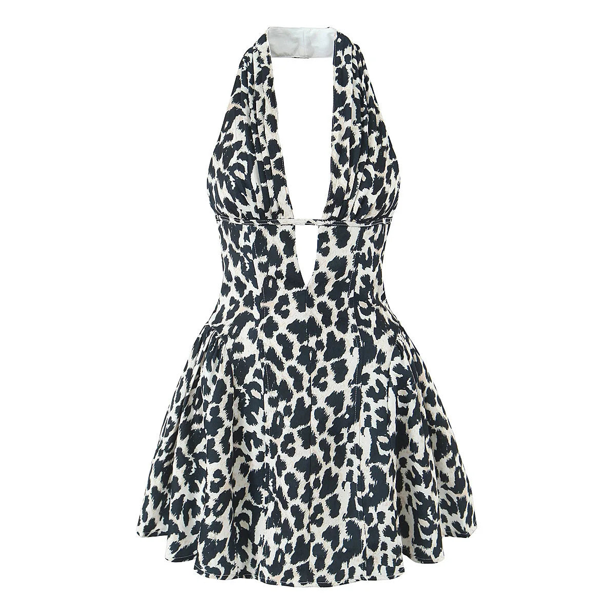 Navy Blue Color Retro Polka Dot Halter Mini Dress With Open Back