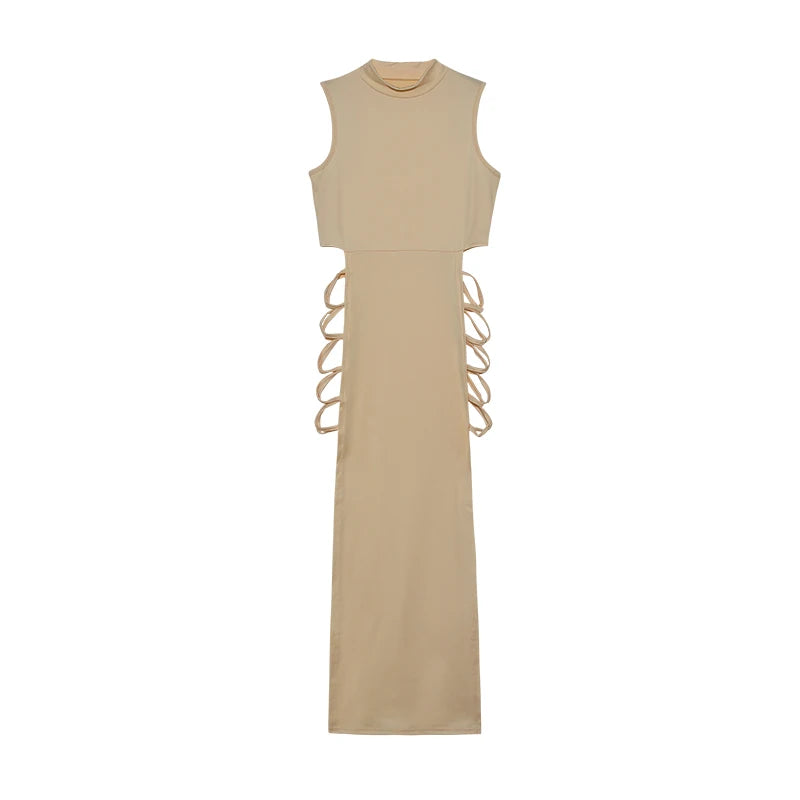 Women’s Solid Knit Maxi Dress With Lace-Up Detail