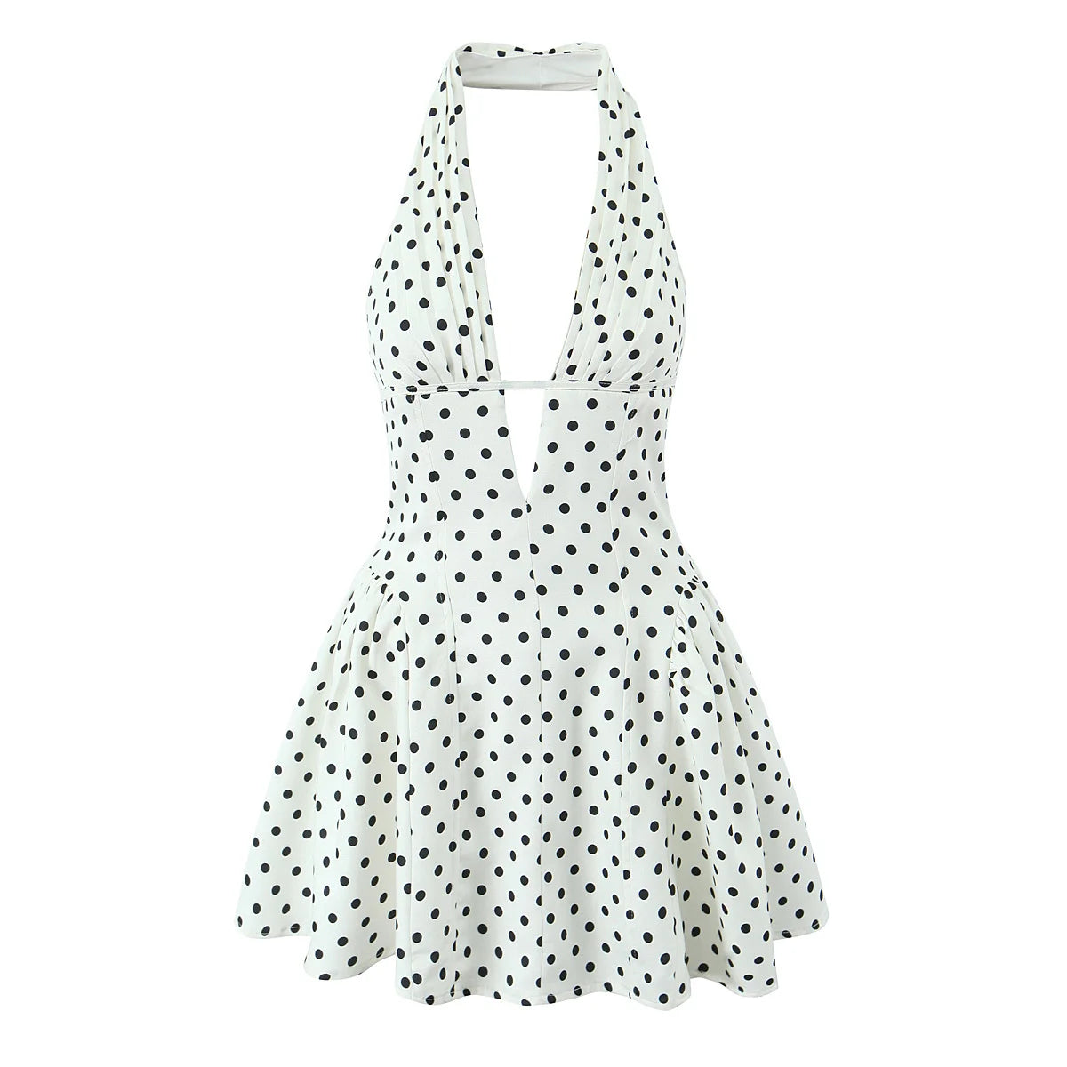 as  picture Color Retro Polka Dot Halter Mini Dress With Open Back