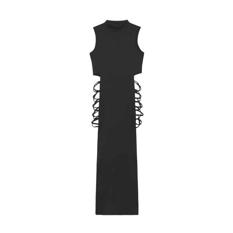 black Color Women’s Solid Knit Maxi Dress With Lace-Up Detail