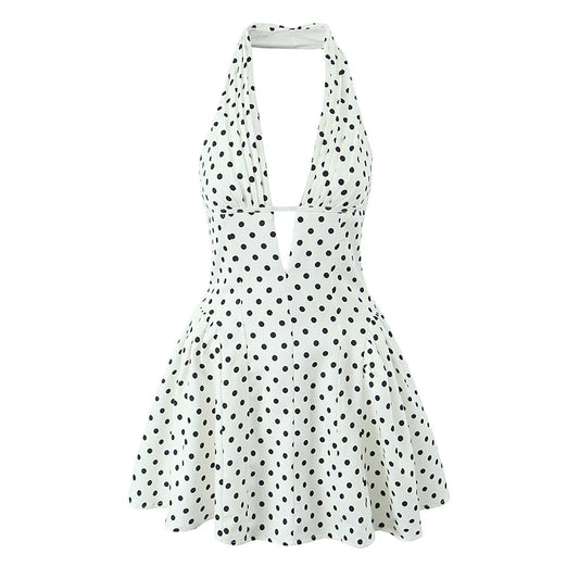 Retro Polka Dot Halter Mini Dress With Open Back