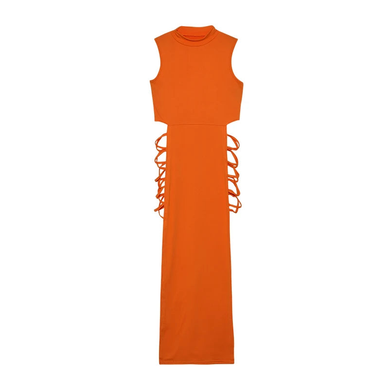 Women’s Solid Knit Maxi Dress With Lace-Up Detail
